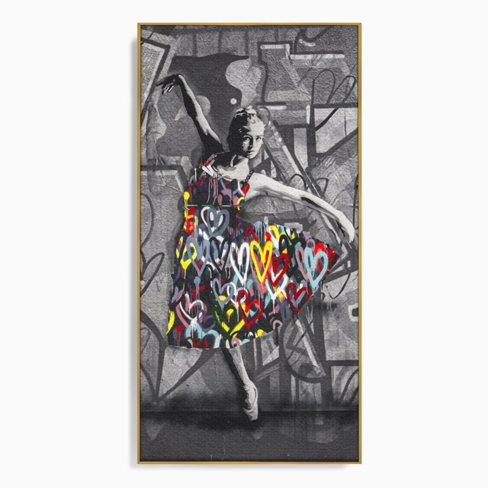 Tablou canvas cu tablou canvas cu balerina stilizata, in rama de aluminiu auriu